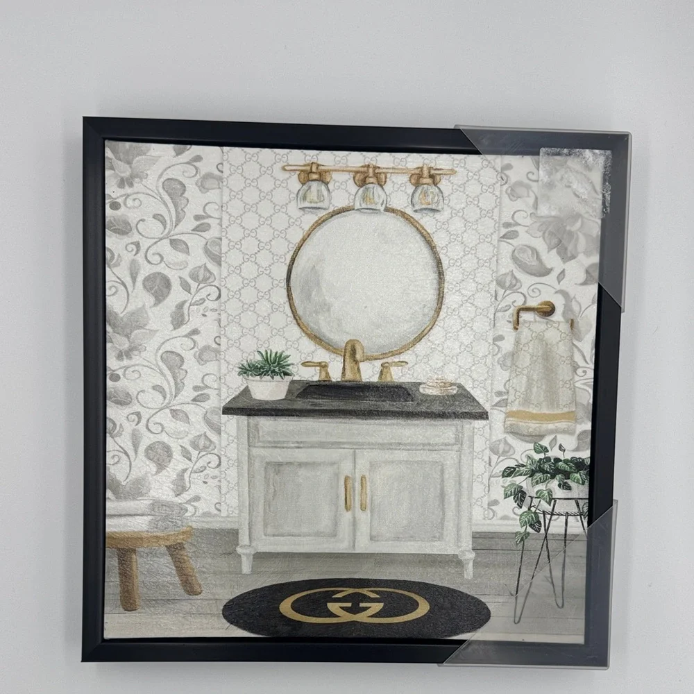 Luxurious Bathroom Art Set in Black and Gold Framed